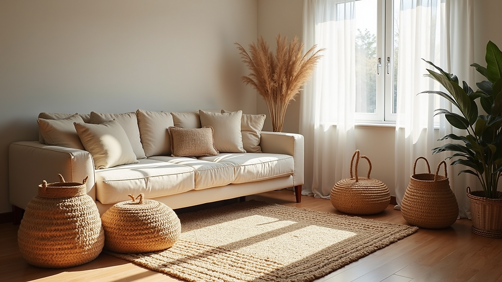 High angle view of a cozy living room corner with woven baskets and natural fibre rugs
