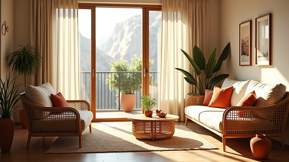 Eye-level view of a sunlit living room with rattan furniture and terracotta accents