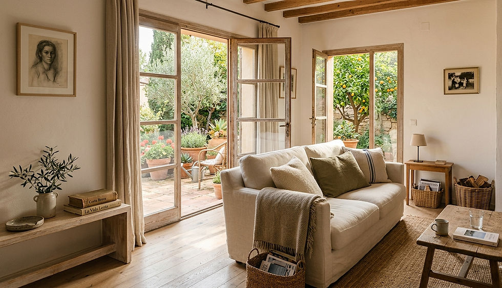Cozy living room with a white sofa, green pillows, wooden furniture, and open doors to a lush garden. A vase, books, and artwork add charm.