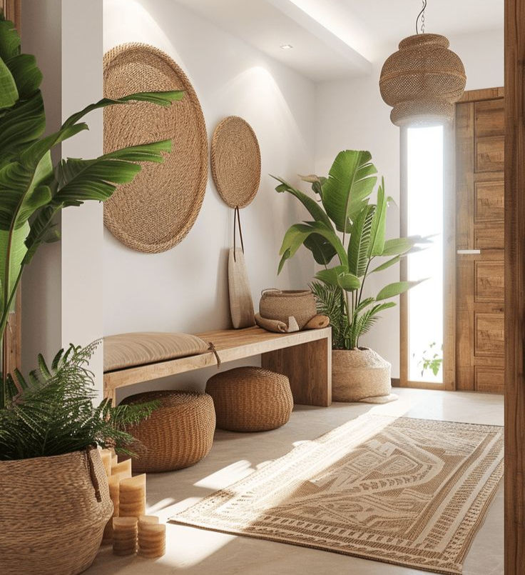 Eye-level view of a rustic wooden chair with woven cushions in a sunlit room