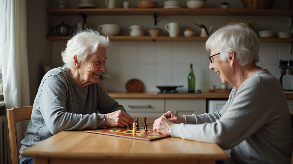 Close-up view of a caregiver and elderly person playing a board game at a kitchen table