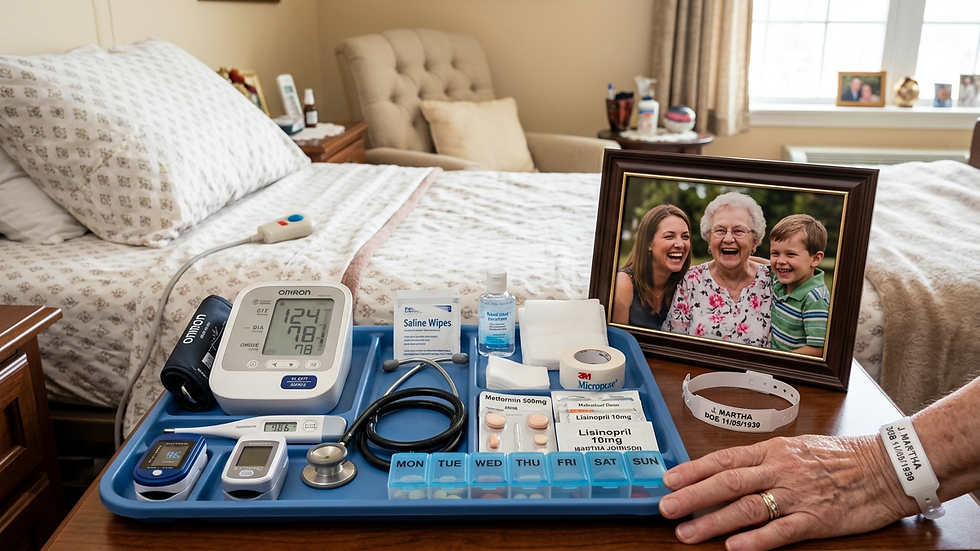 Close-up view of medical supplies arranged for in-home care