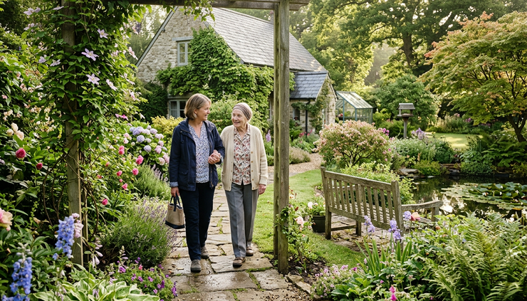 Wide-angle view of a caregiver walking slowly with a loved one along a quiet garden path.