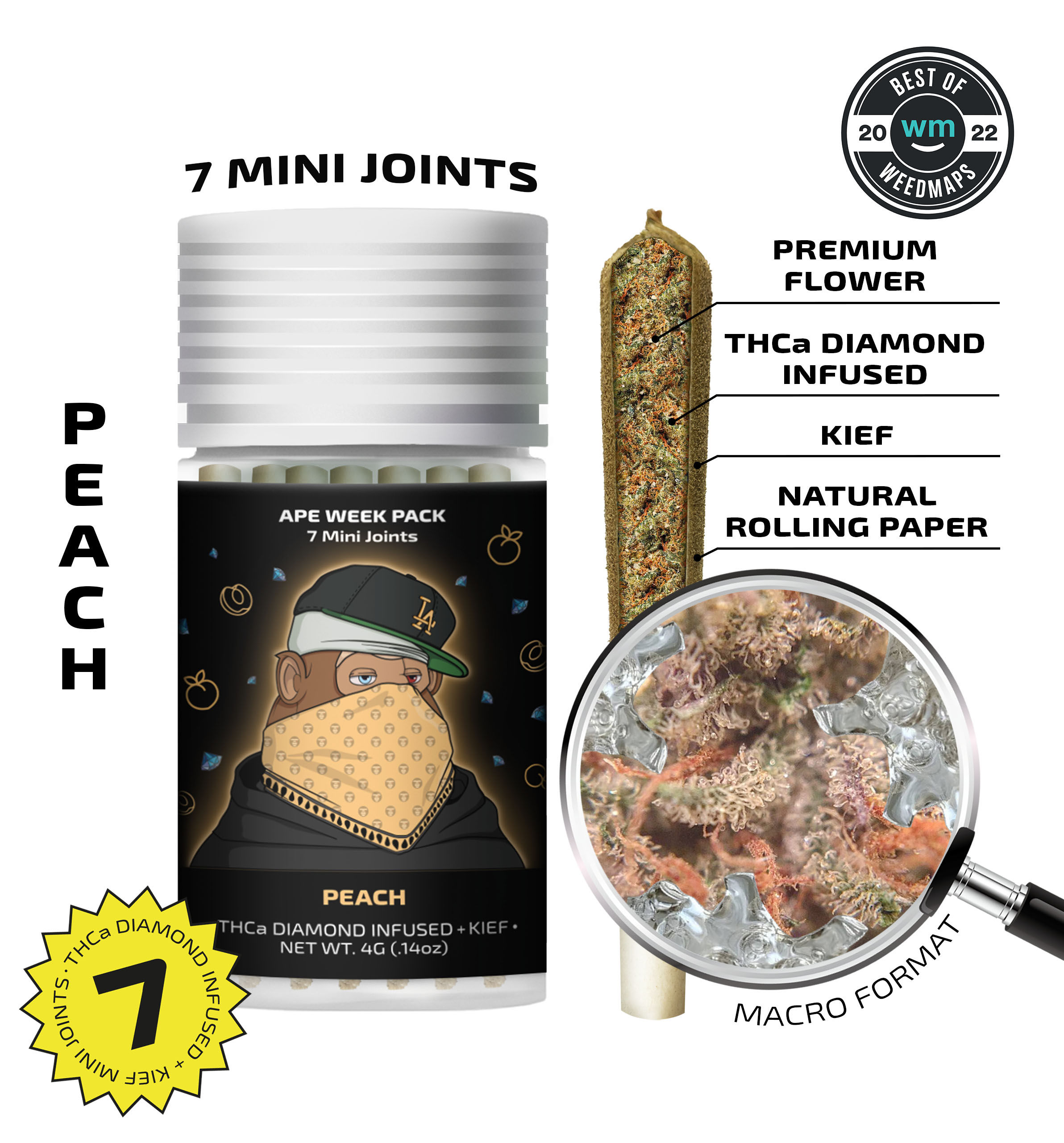 APE Peach — 7 diamond + kief infused prerolls (4.2g | 0.6g each)