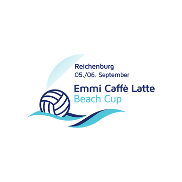 Logo des Emmi Caffè Latte Beach Cup in Reichenburg am 05./06. September mit einem Volleyball und stilisierten Wellen.