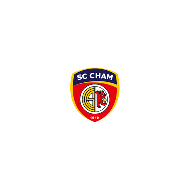 Logo des SC Cham mit einem rot-gelben Wappen, einem stilisierten Bären, einem Fußball und der Jahreszahl 1910.