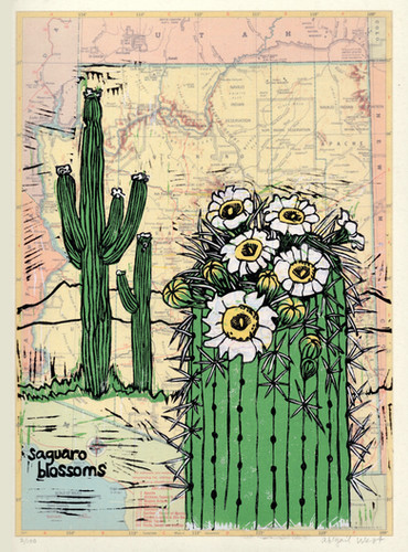 Arizona State Flower (Saguaro Blossoms) Linocut on Map | Abigail West ...