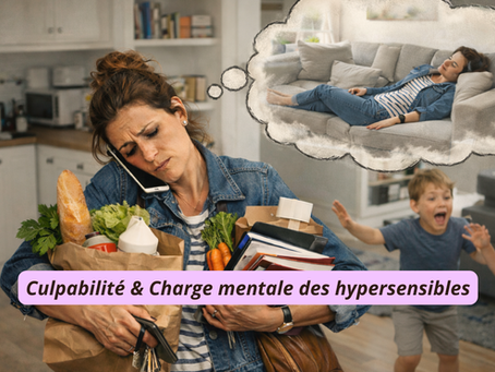 Femme débordée par la charge mentale pensant à ses enfants, son travail et sa famille – culpabilité des personnes hypersensibles