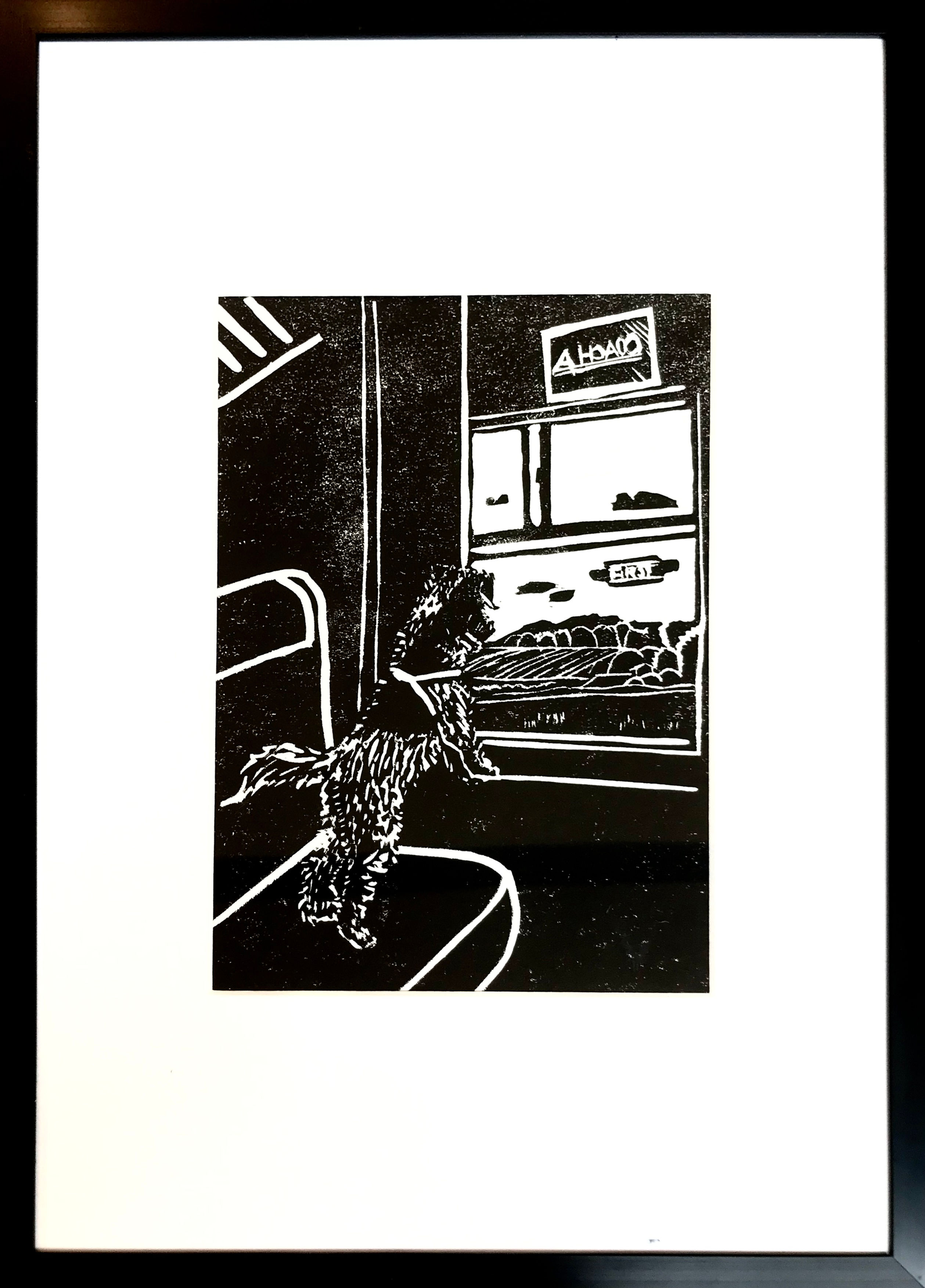 Fox Terrier dog on train 'Train to the Beach' - black and white lino print. www.carolinegibsonprints.com