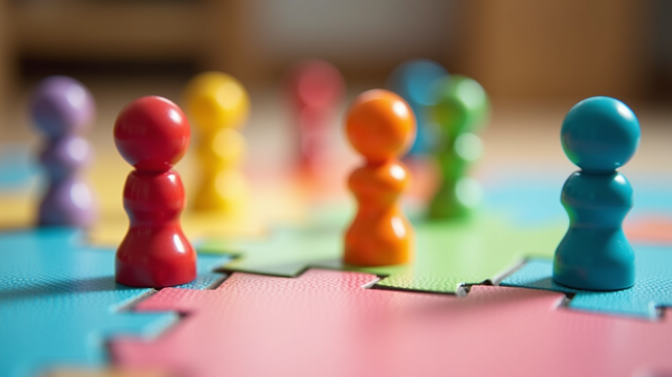 Close-up view of colorful speech therapy game pieces on a play mat