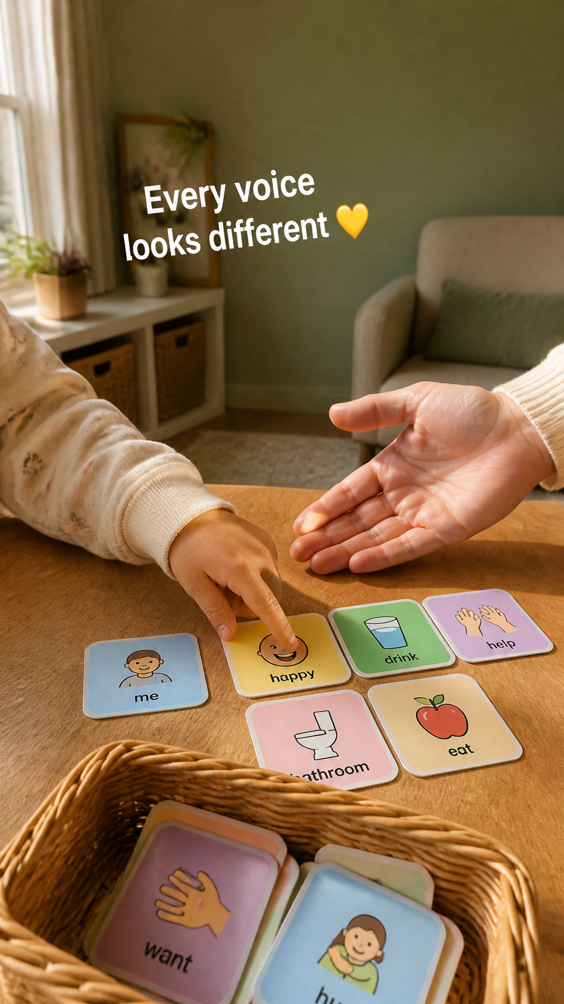 Adult and child sharing picture communication cards during an activity.