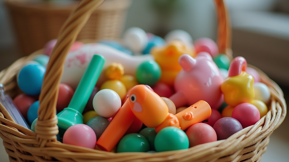 Close-up view of a basket filled with colorful toys and household items
