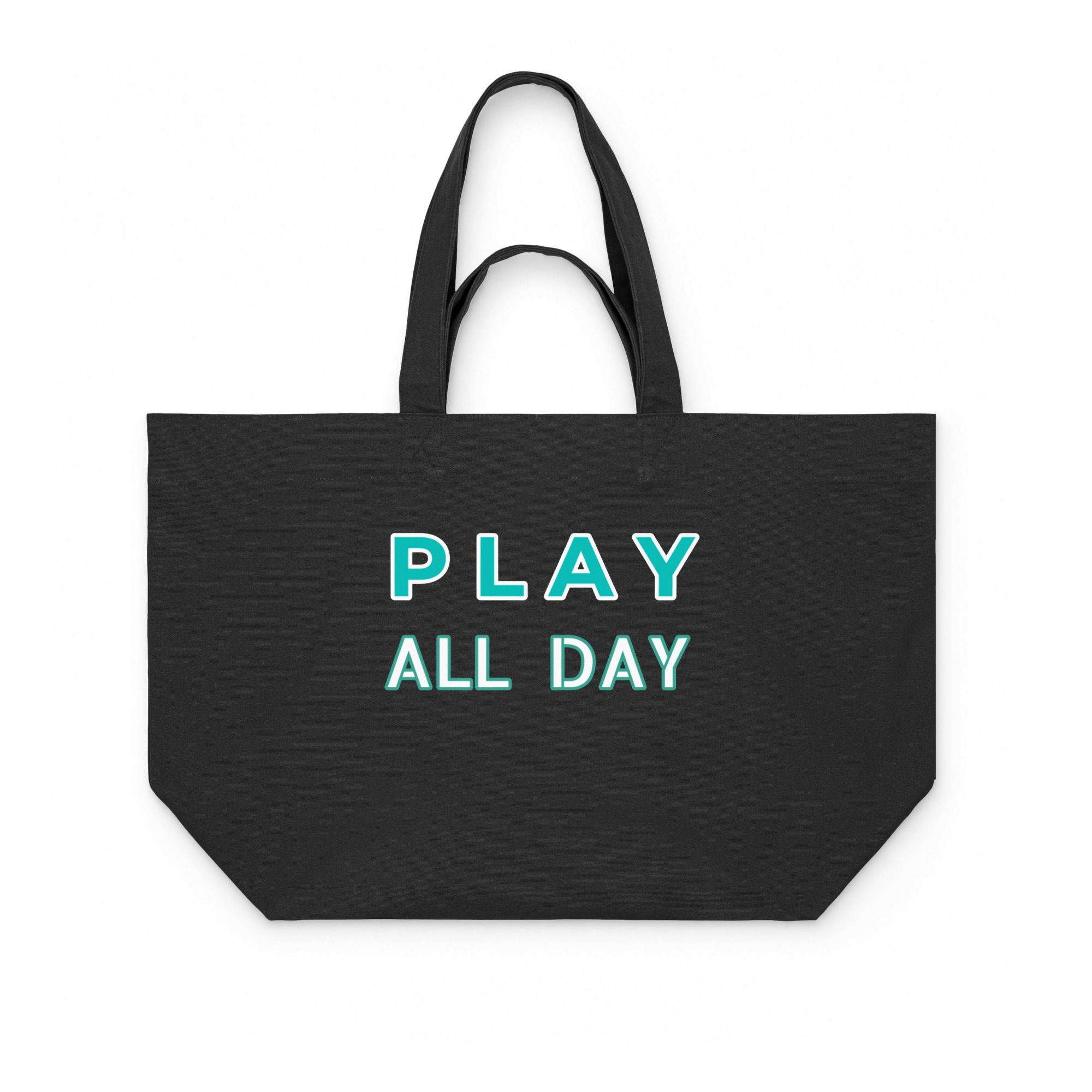 Black Play All Day therapist tote with turquoise lettering and long and short handles