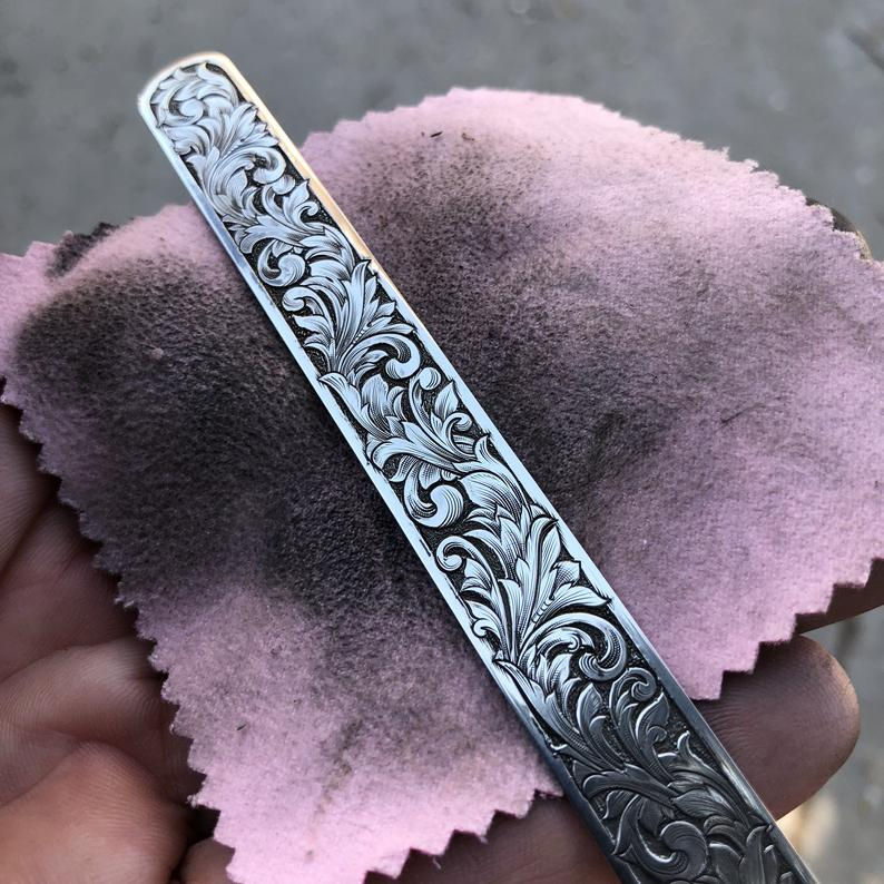 Miniatura: Sterling silver bracelet, hand engraved, patina finish, cuff bracelet