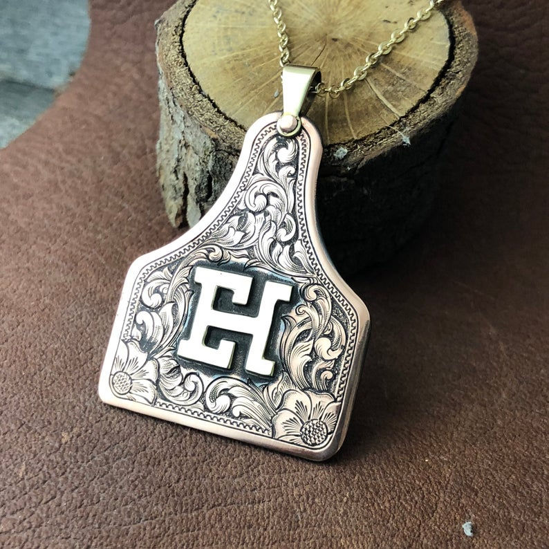 Miniature : Sterling Ear Tag Pendant, hand engraved