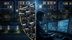 Homem de terno operando vários monitores com painéis de monitoramento, ao lado de um escudo formado por câmeras de segurança, em frente a um condomínio residencial à noite, com iluminação azul e clima de vigilância e proteção.