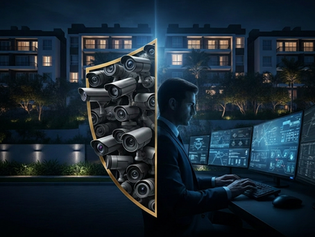 Homem de terno operando vários monitores com painéis de monitoramento, ao lado de um escudo formado por câmeras de segurança, em frente a um condomínio residencial à noite, com iluminação azul e clima de vigilância e proteção.