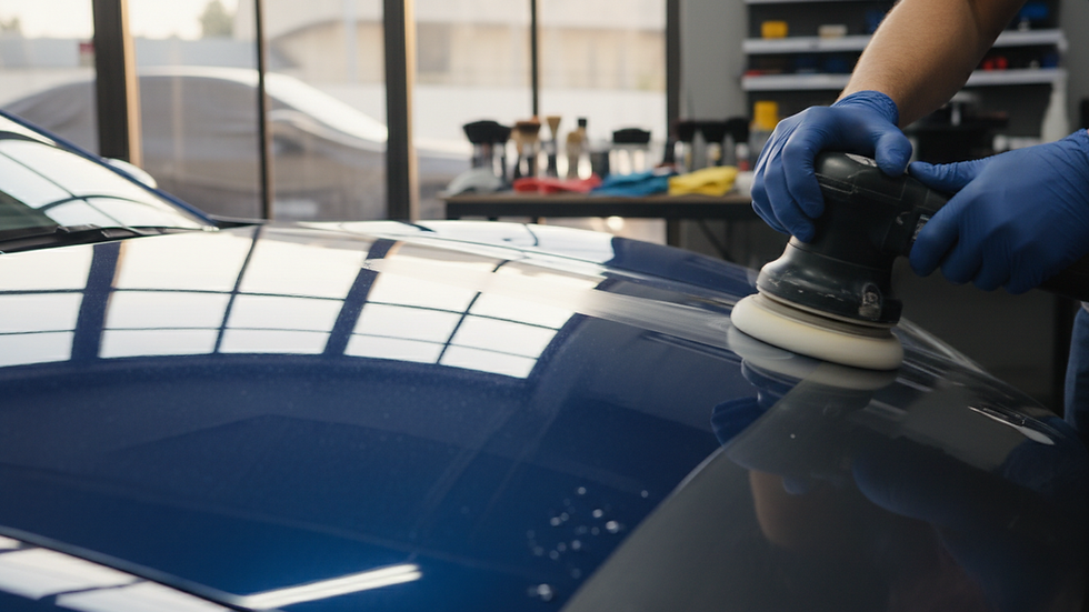 Close-up view of a car being polished during exterior detailing