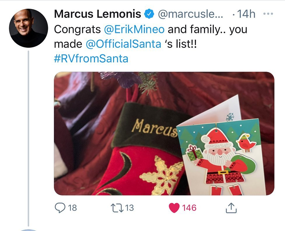 On Christmas morning, Marcus Lemonis makes the Twitter announcement naming the winners of the #RVfromSanta giveaway.