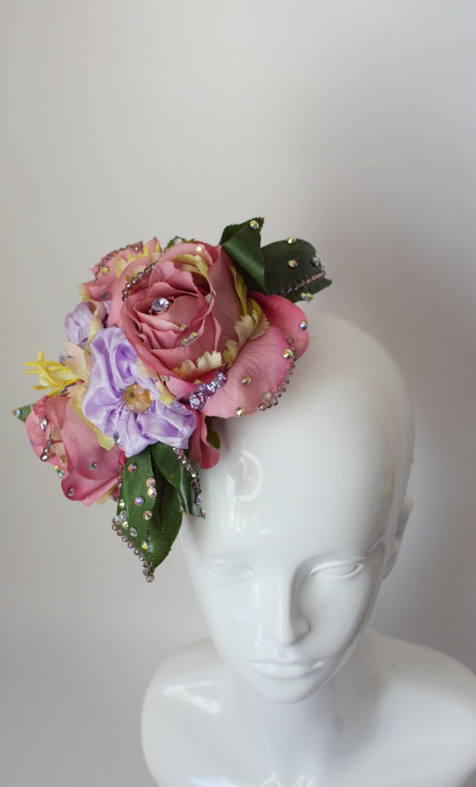 Thumbnail: Pink and lilac roses leafy fascinator / headpiece