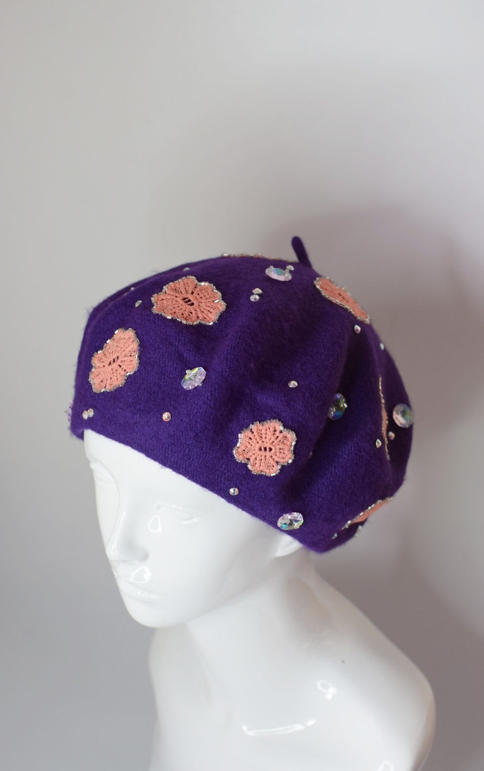 Thumbnail: Coral lace applique purple glam beret