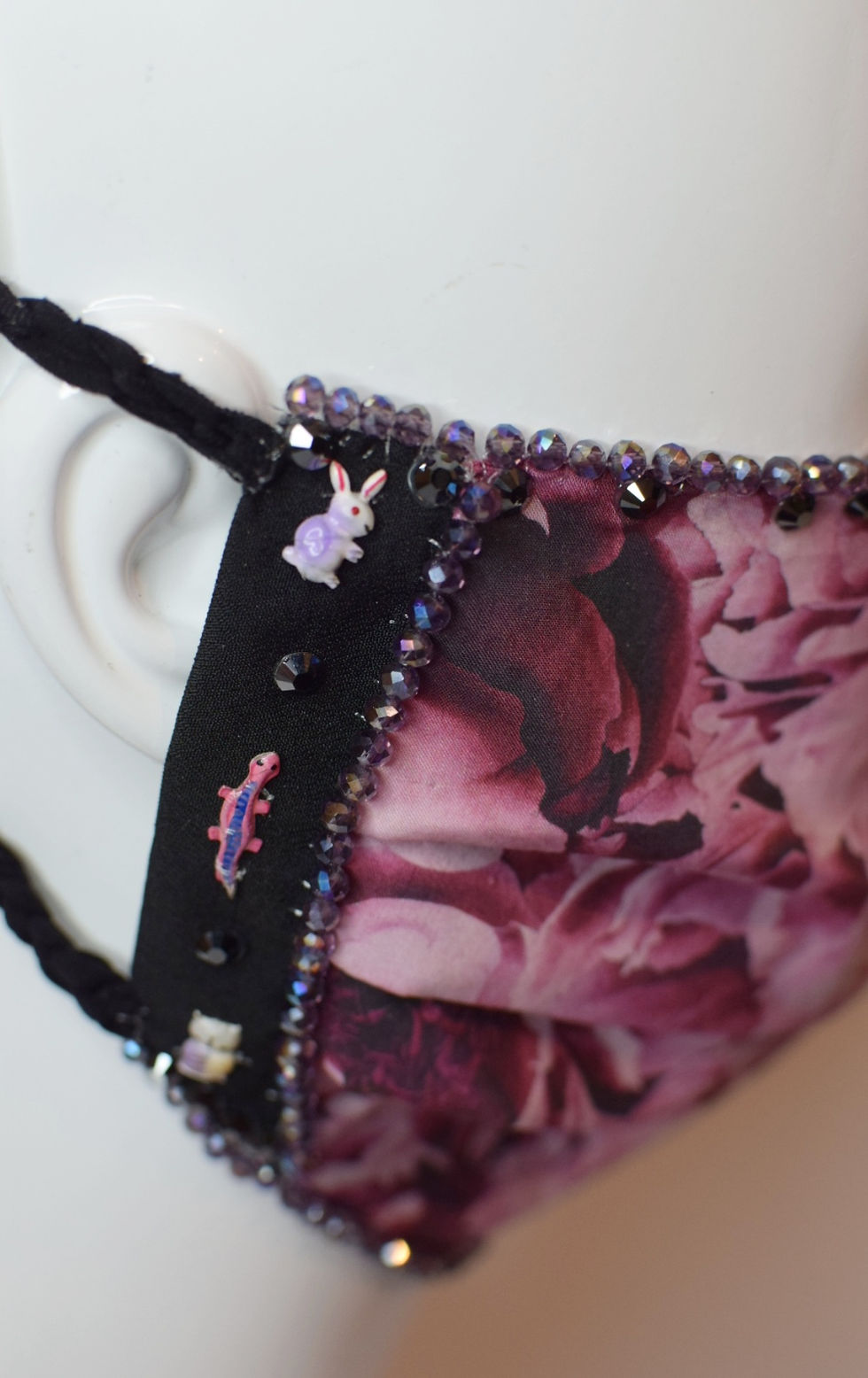 Thumbnail: Peony Liberty print cotton  facemask with bunnies, lizards, owls Swarovski cryst