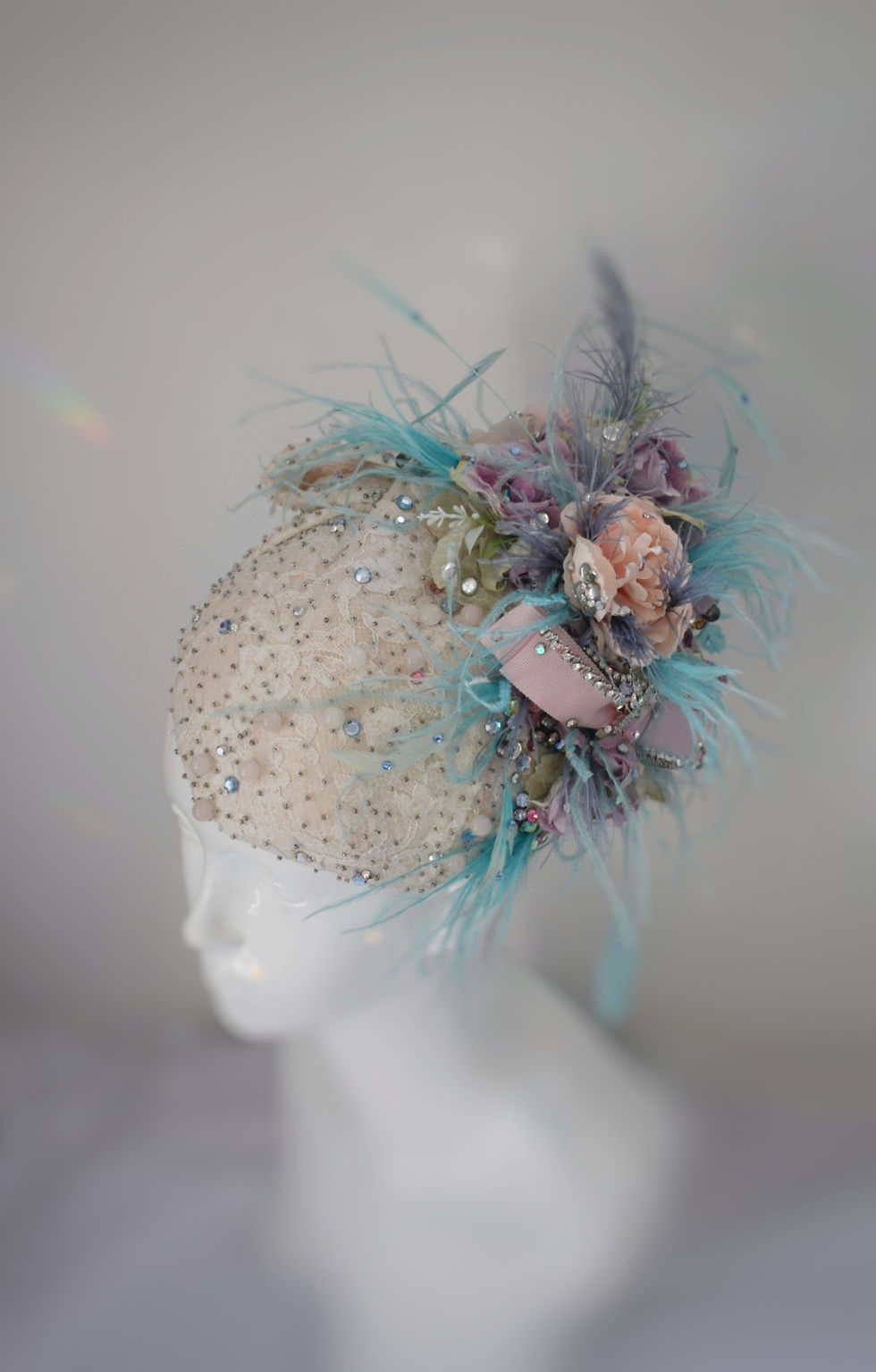 Thumbnail: Pastel flowers lace and rose quartz occassion hat