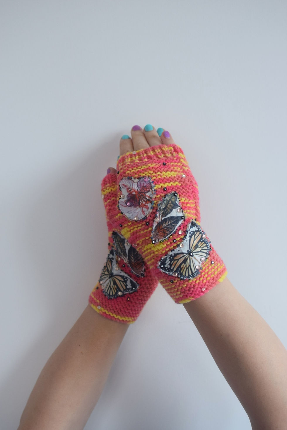 Thumbnail: Orangey butterfly flower fingerless gloves 