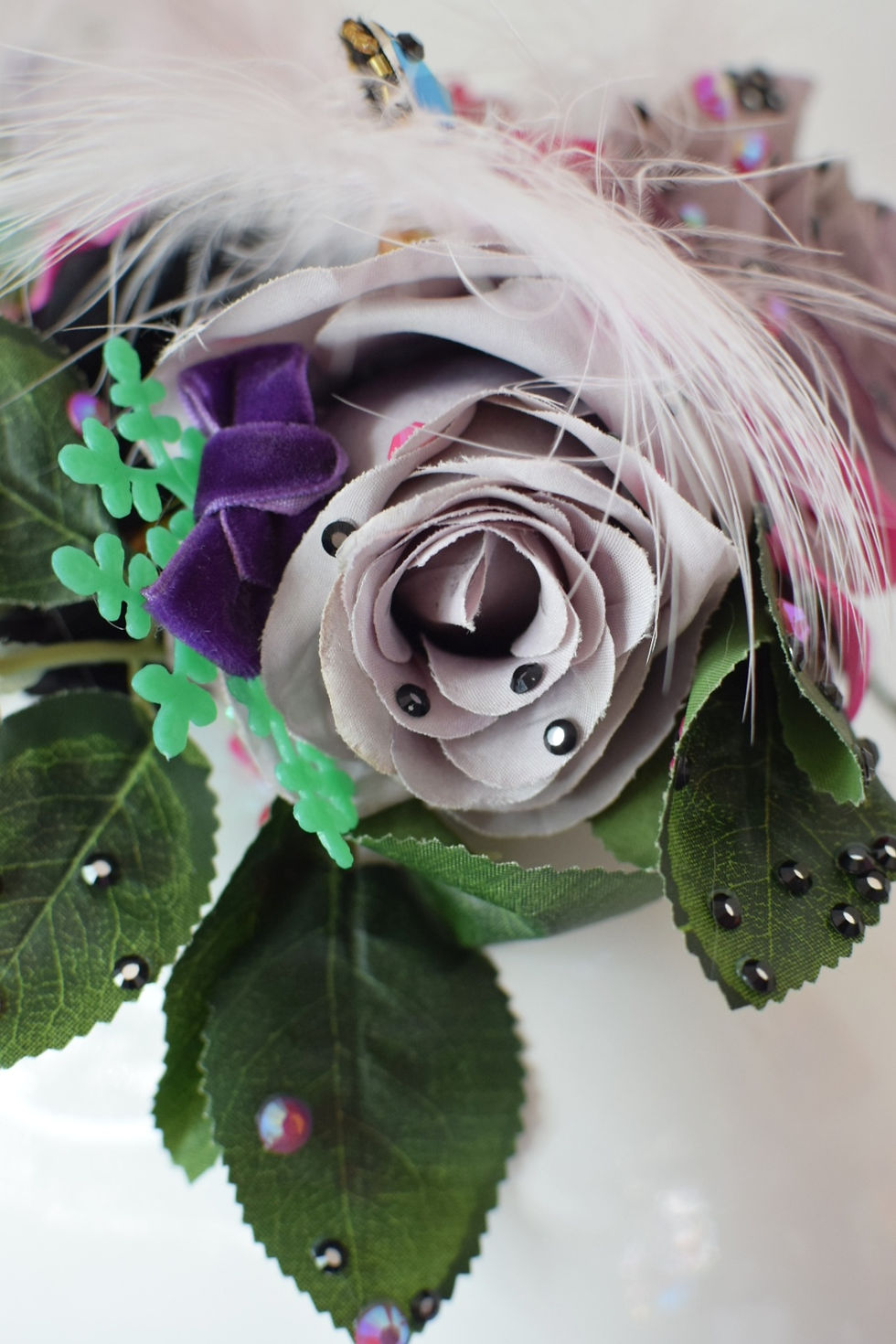 Thumbnail: Grey and pink roses and velvet bows fascinator headpiece 