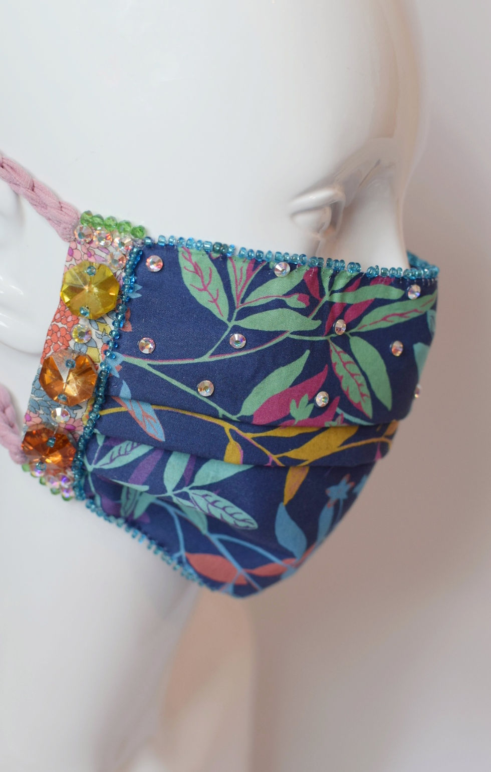 Thumbnail: Navy blue foliage Liberty print silk lined facemask 