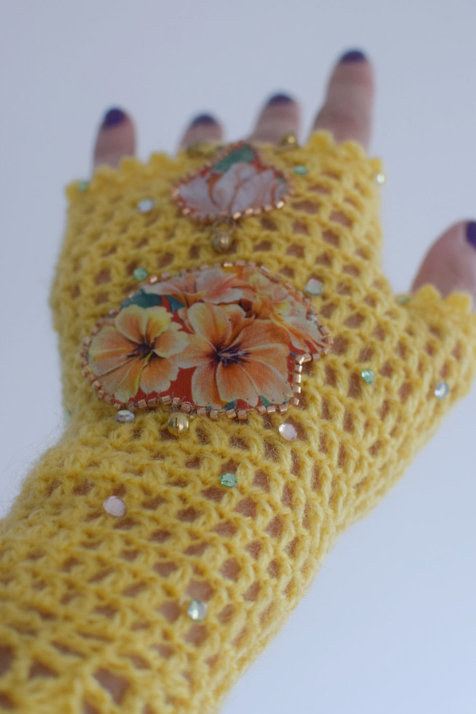 Thumbnail: Yellow crochet fingerless gloves with Liberty print silk flowers 