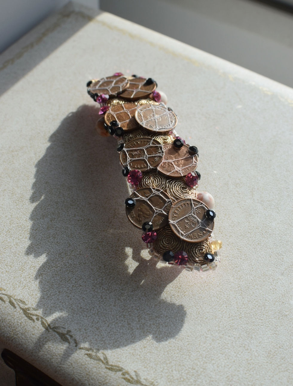 Thumbnail: Vintage real half penny coins, gold Indian embroidery hair barrette 