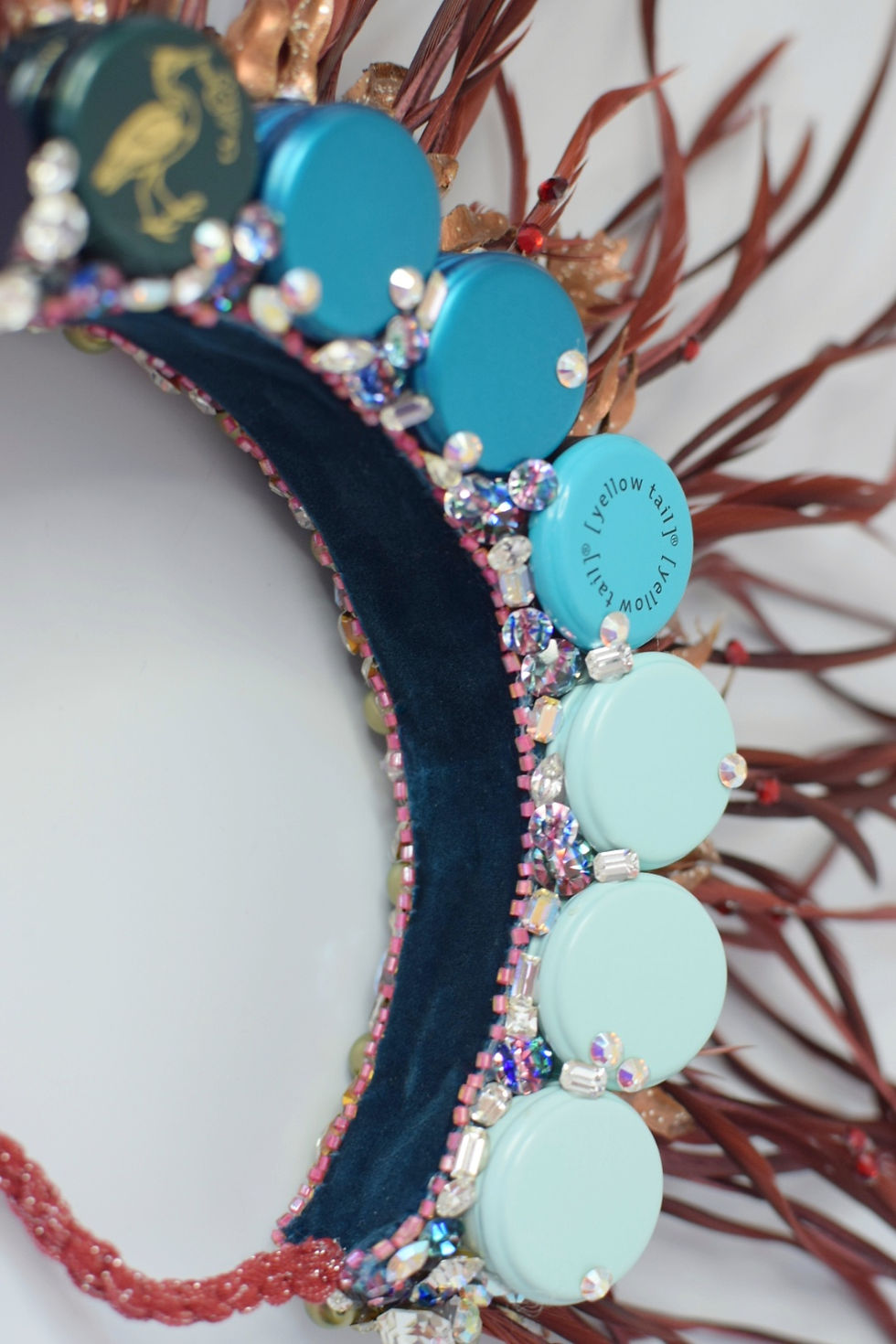Thumbnail: Halo headpiece headpiece with wine tops, feathers, Swarovski crystals