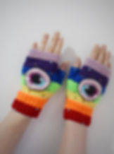 Rainbow hand knitted fingerless gloves with embroidered eyes