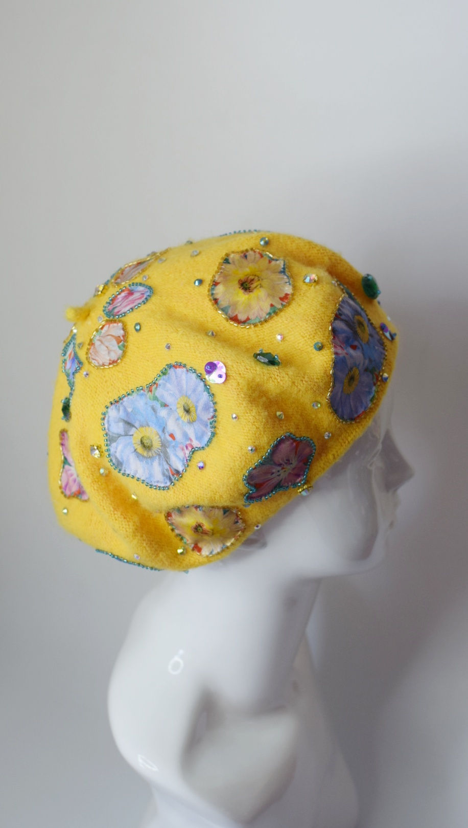 Thumbnail: Yellow glam beret with Liberty print silk flowers applique
