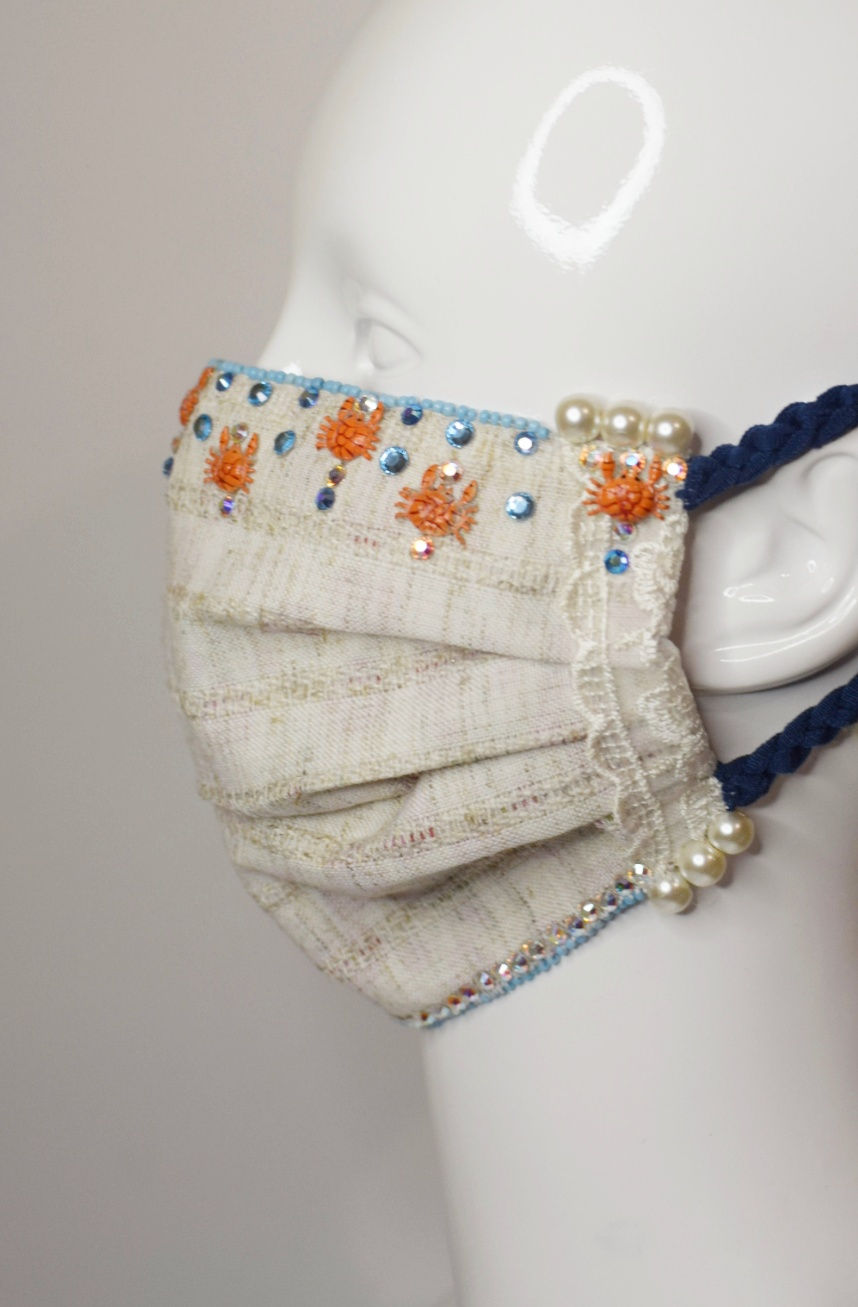 Crabs at sea glam facemask, linen lined in Liberty print cotton,  Swarovski crys