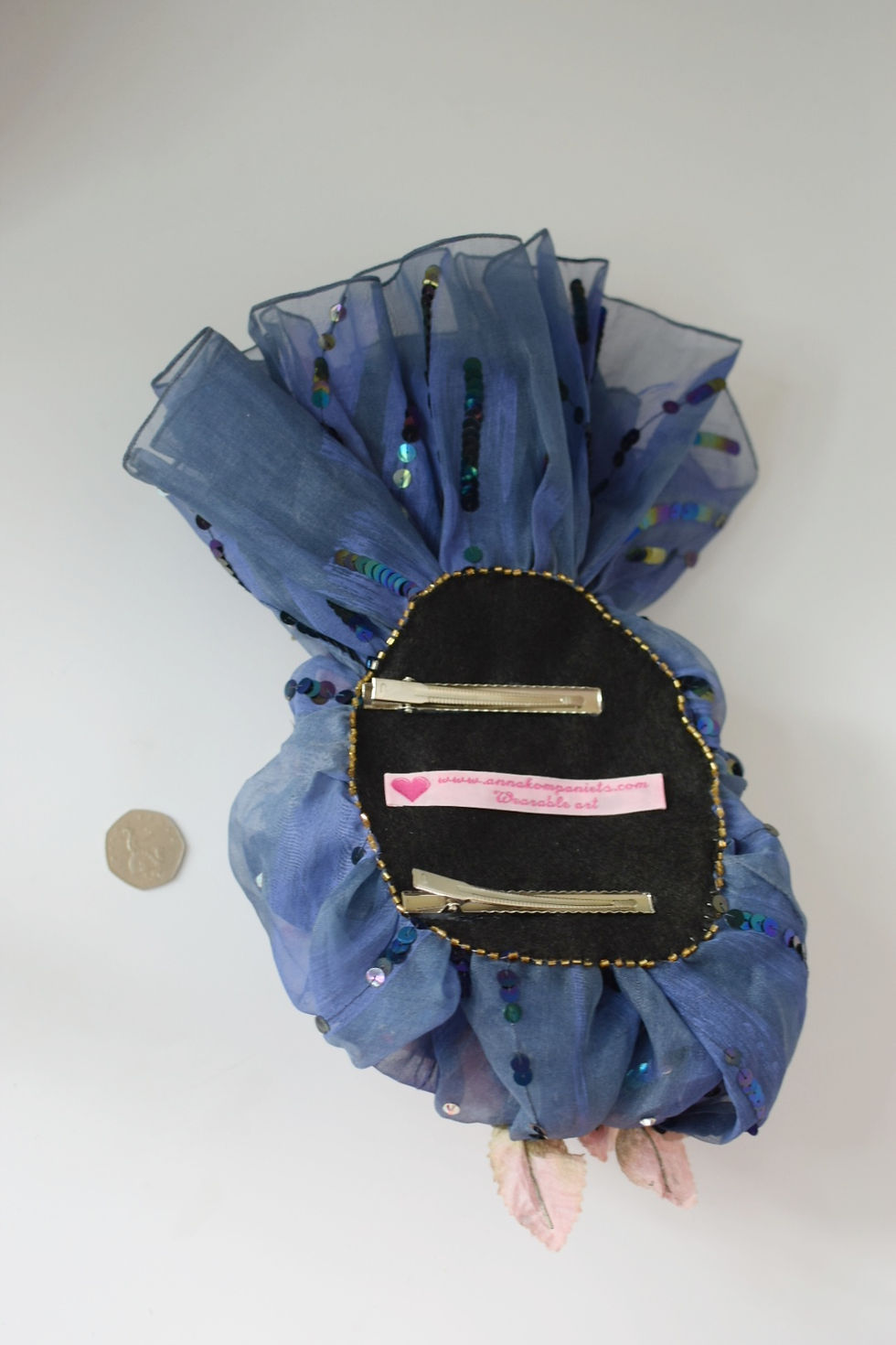 Thumbnail: Pink roses, handpainted navy silk, pearls & Swarovski headpiece fascnator