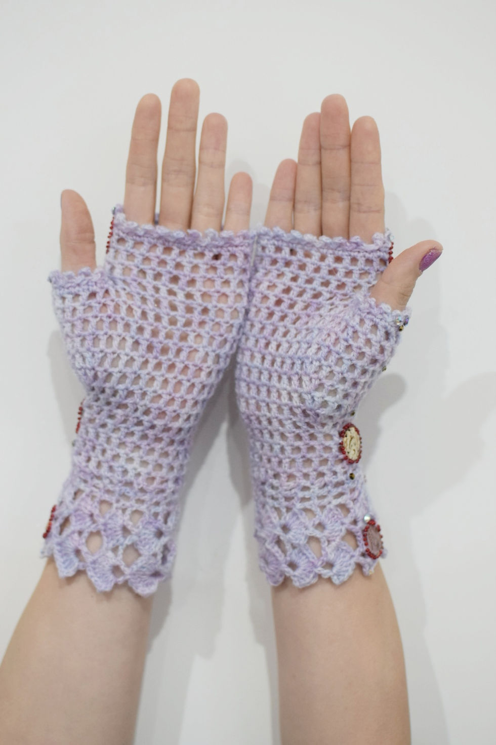 Thumbnail: Lilac crochet winecorks fingerless gloves 