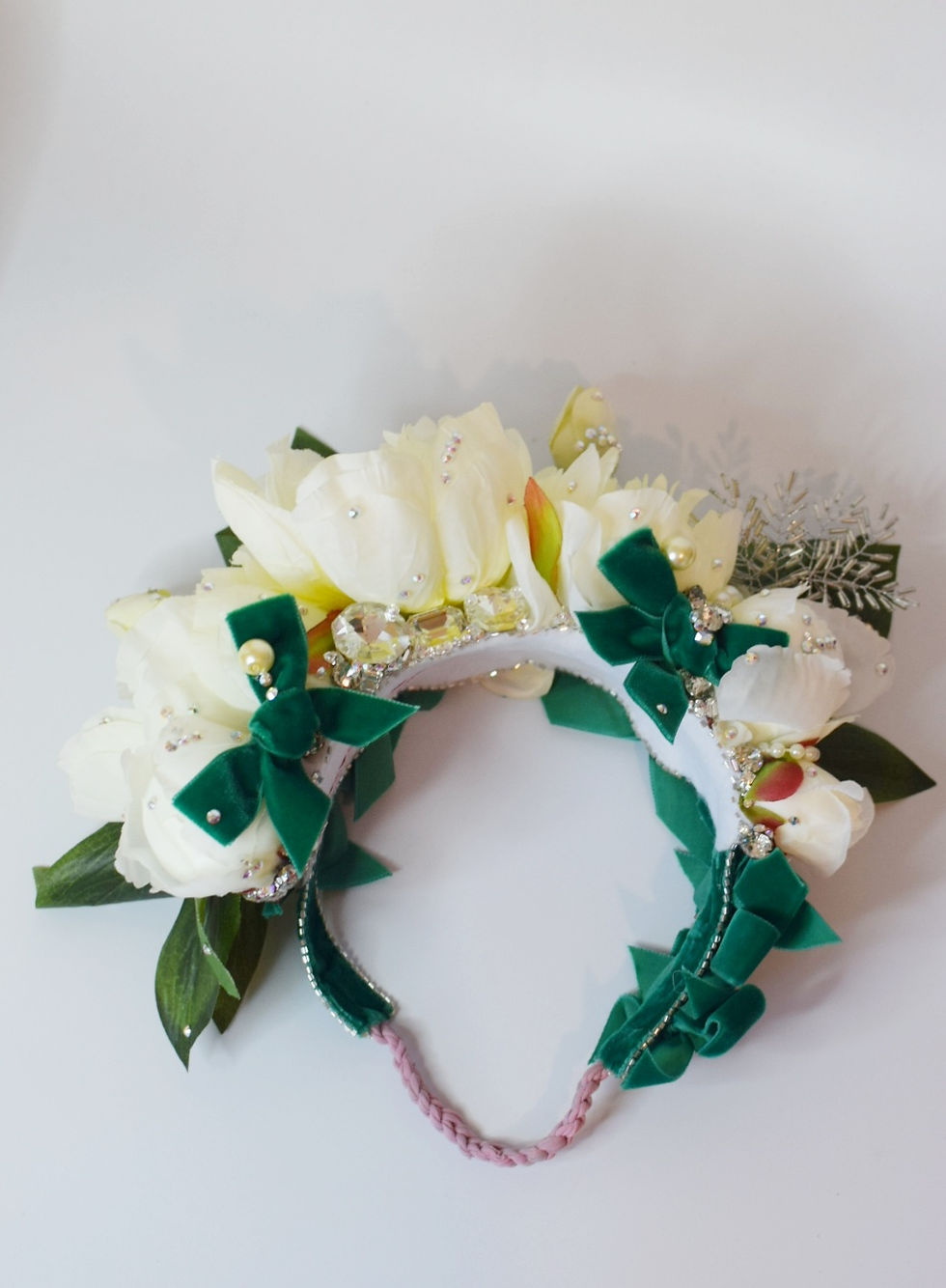 Thumbnail: White peonies & emerald green velvet bows flower crown bridal festival headpiece