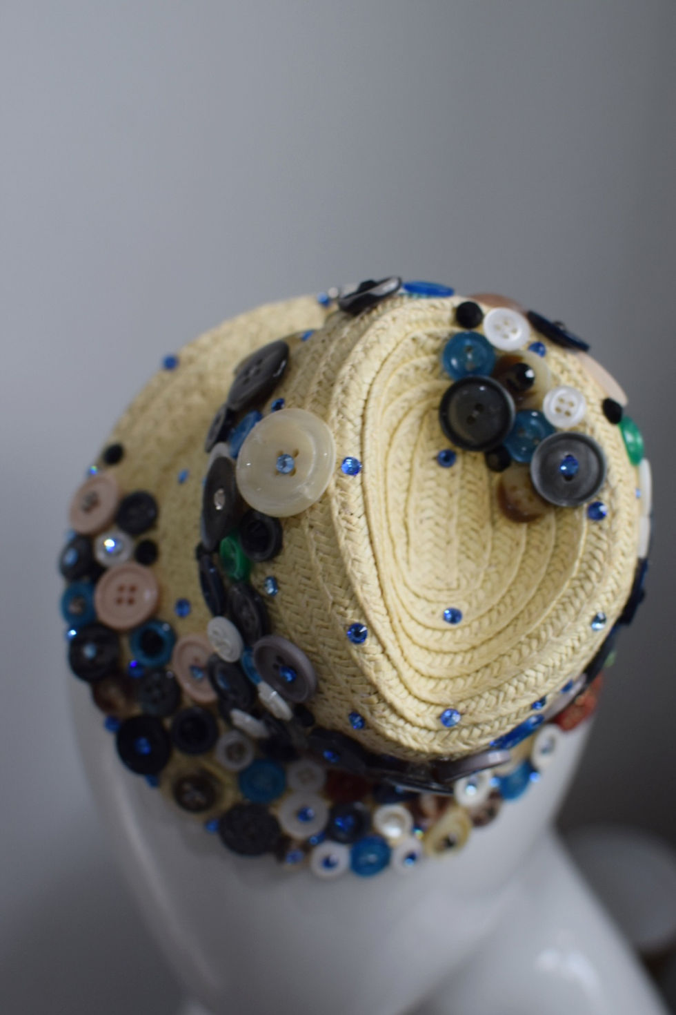 Thumbnail: Tiny trilby fascinator with vintage buttons and Swarovski crystals 