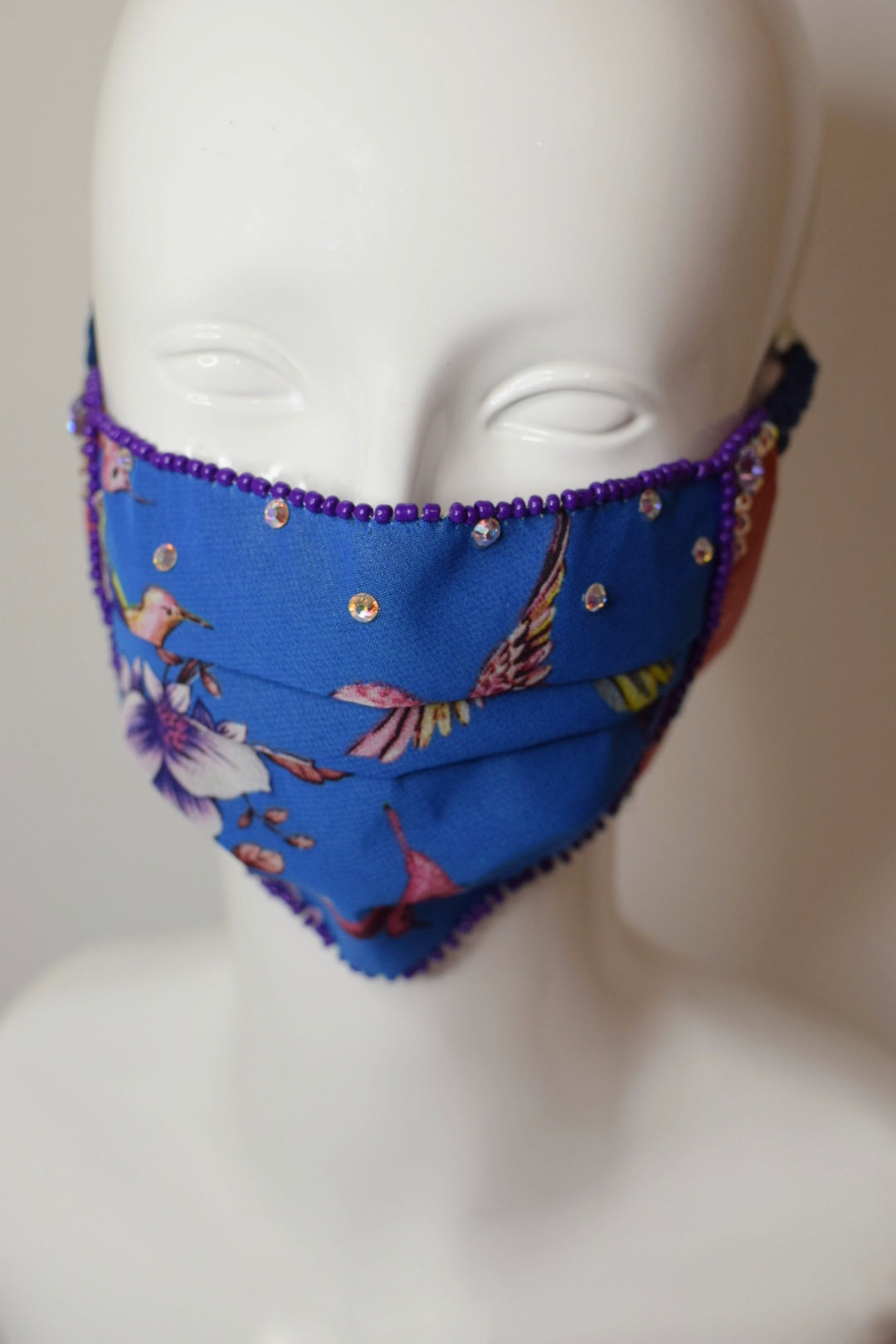 Hummingbird print facemask with Swarovski crystals and cotton lining 