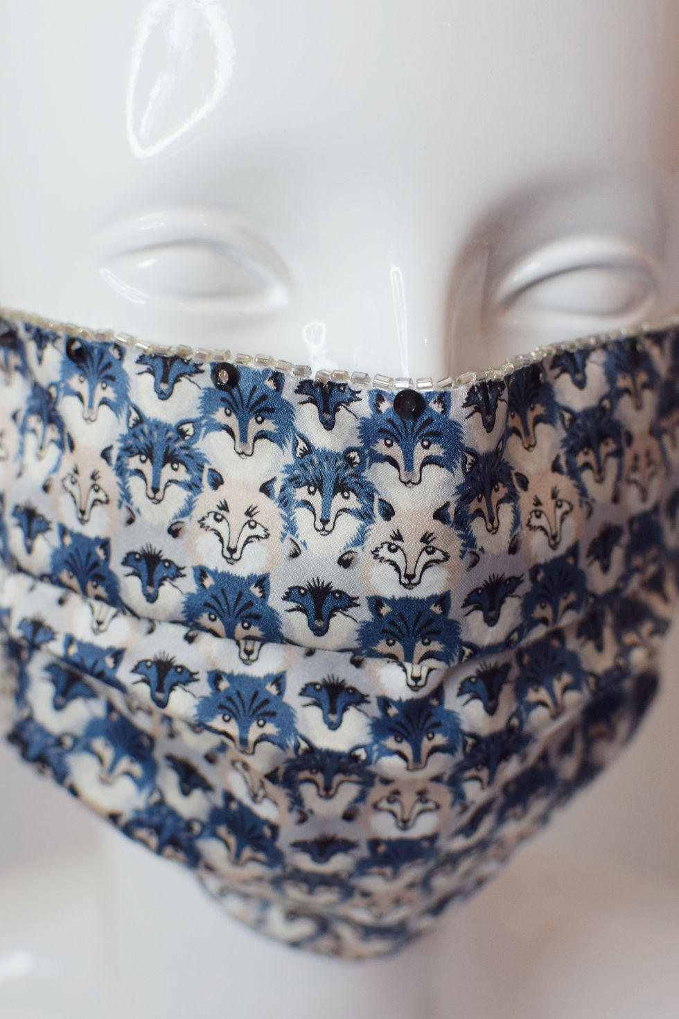 Thumbnail: Wolves and foxes Liberty print silk glam facemask with Swarovski crystals 