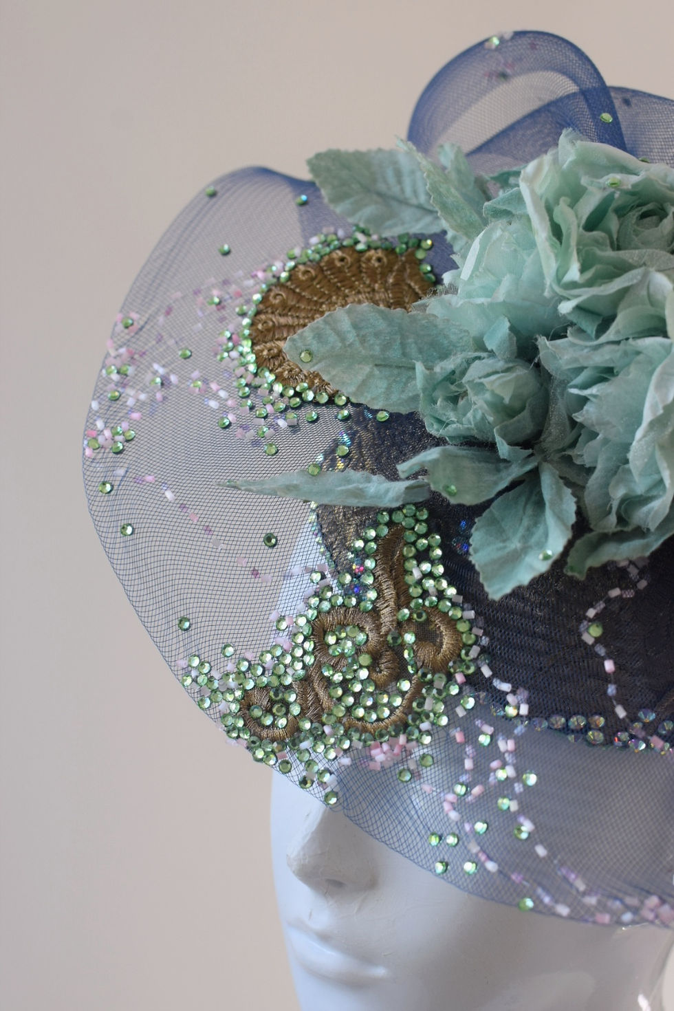 Thumbnail: Navy, gold and mint roses fascinator hat