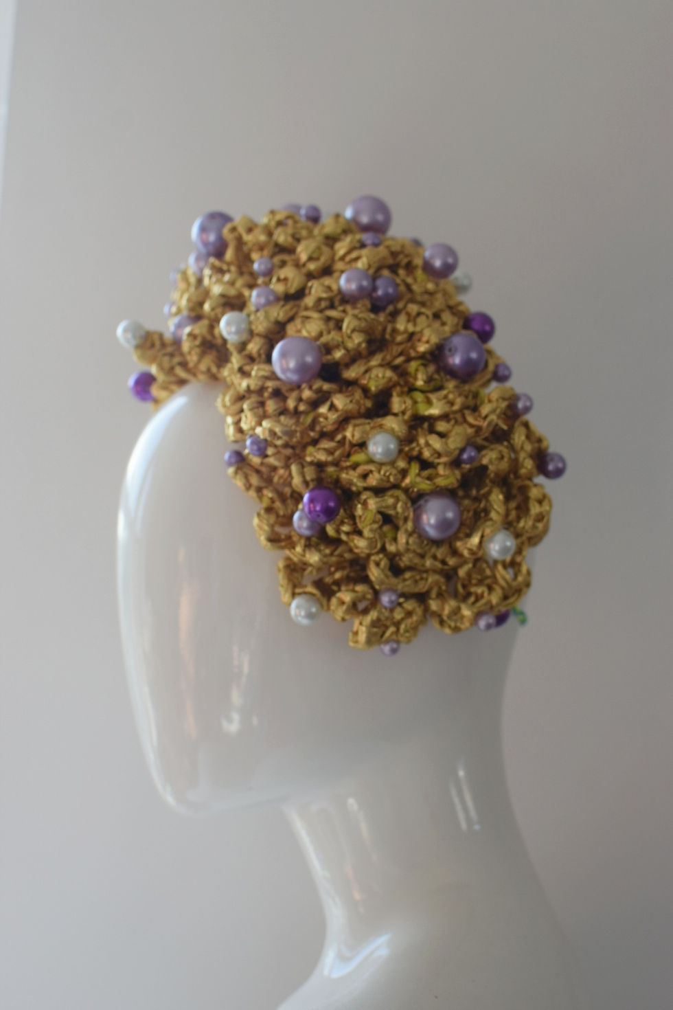 Thumbnail: Gold crochet halo headpiece with pearls