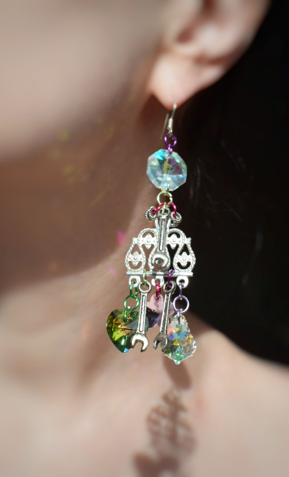Spring bright iridescent crystals and spanners earrings 