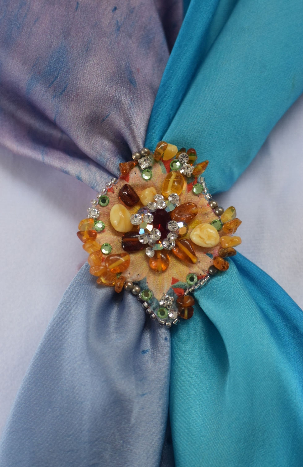 Yellow Liberty print silk flower scarf ring with Amber 