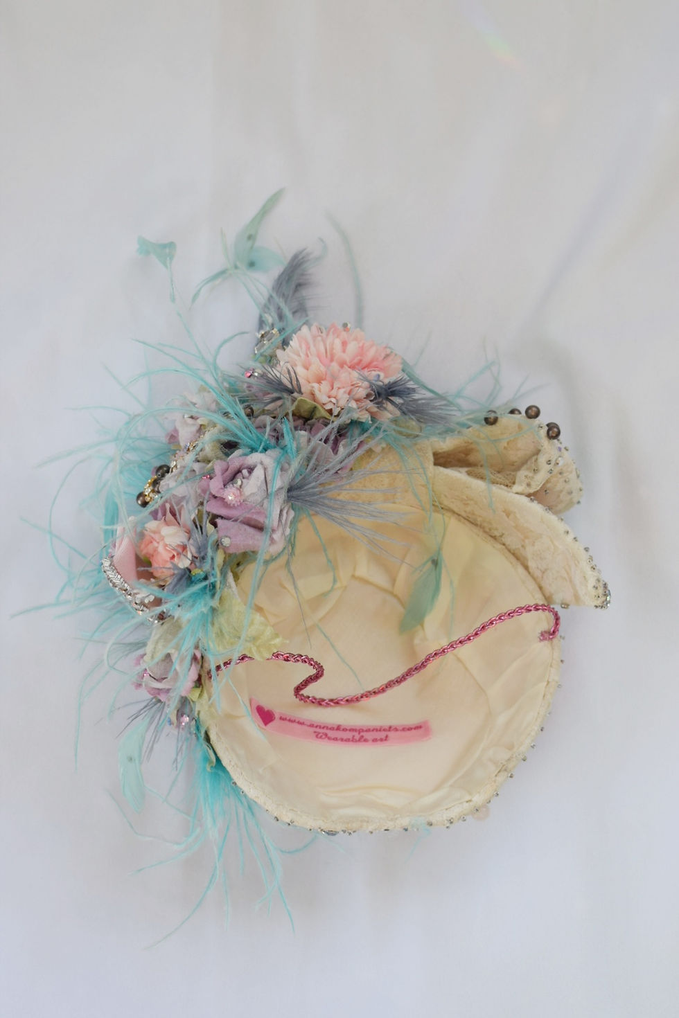 Thumbnail: Pastel flowers lace and rose quartz occassion hat