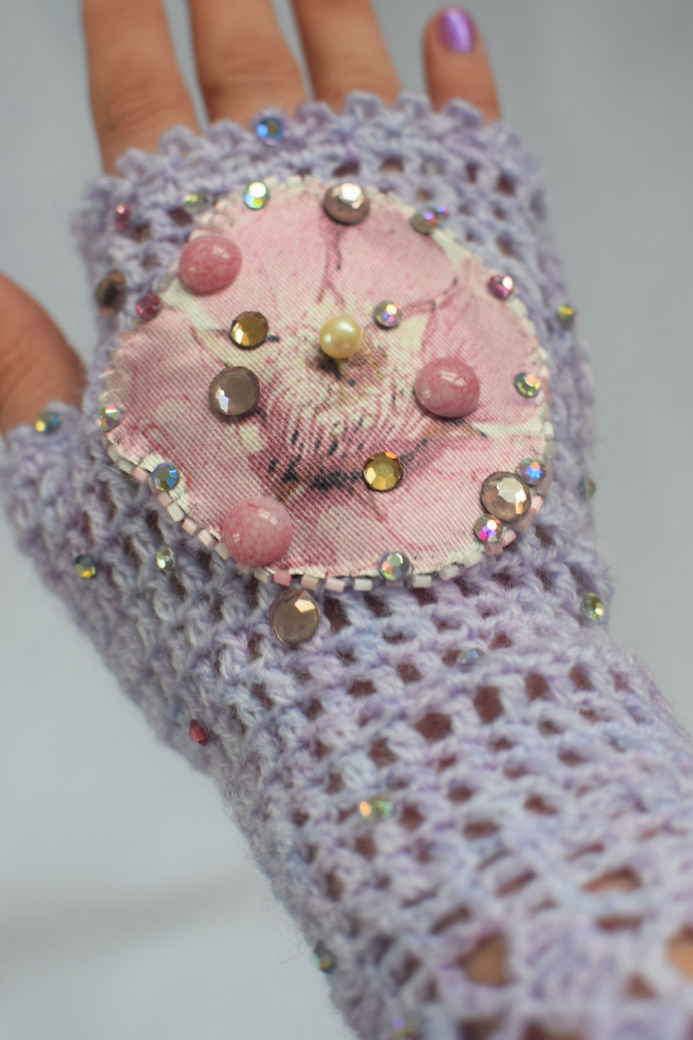 Thumbnail: Lilac and peony crochet fingerless gloves