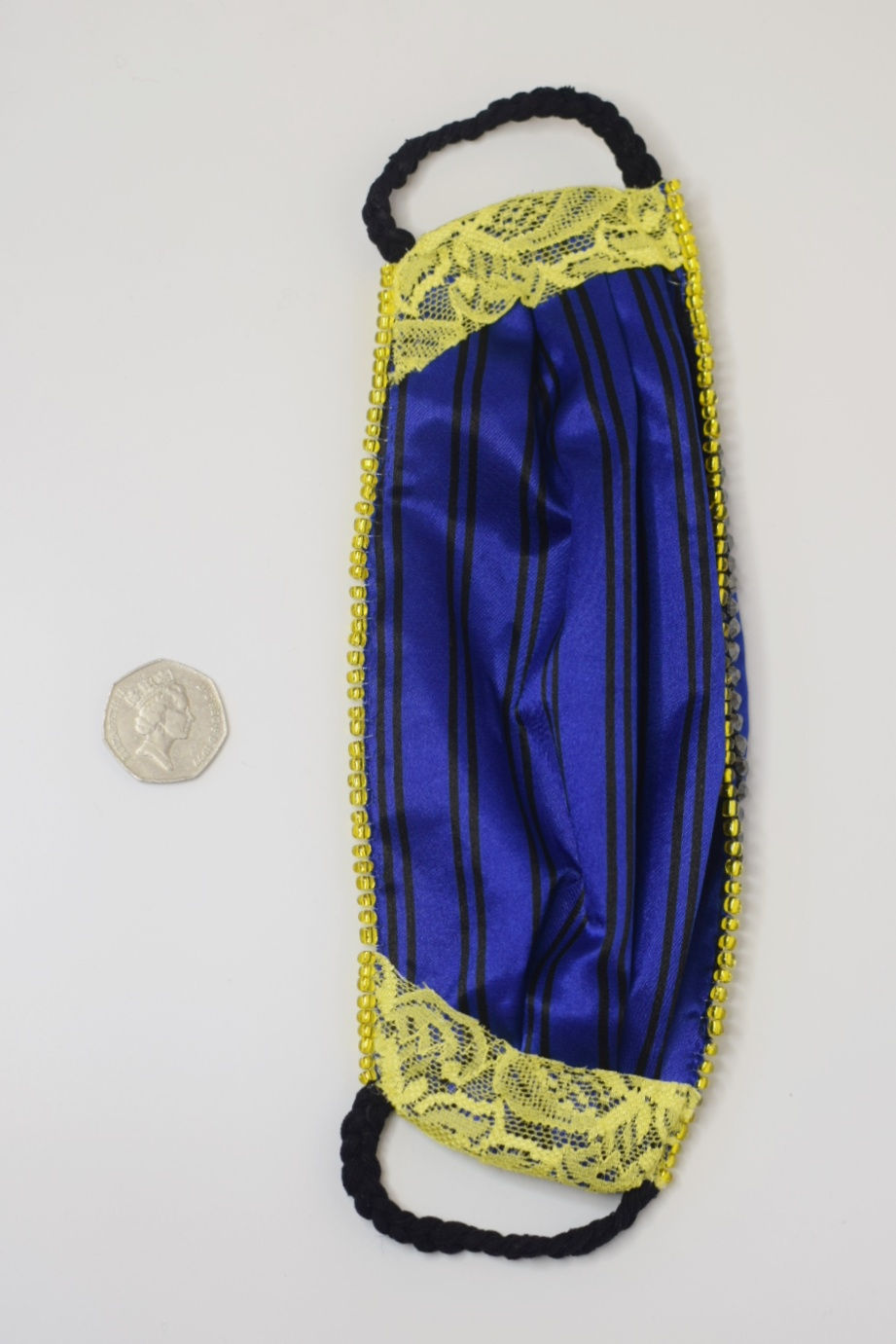Thumbnail: Blue stripe silk and yellow lace glam facemask,  Swarovski crystals 