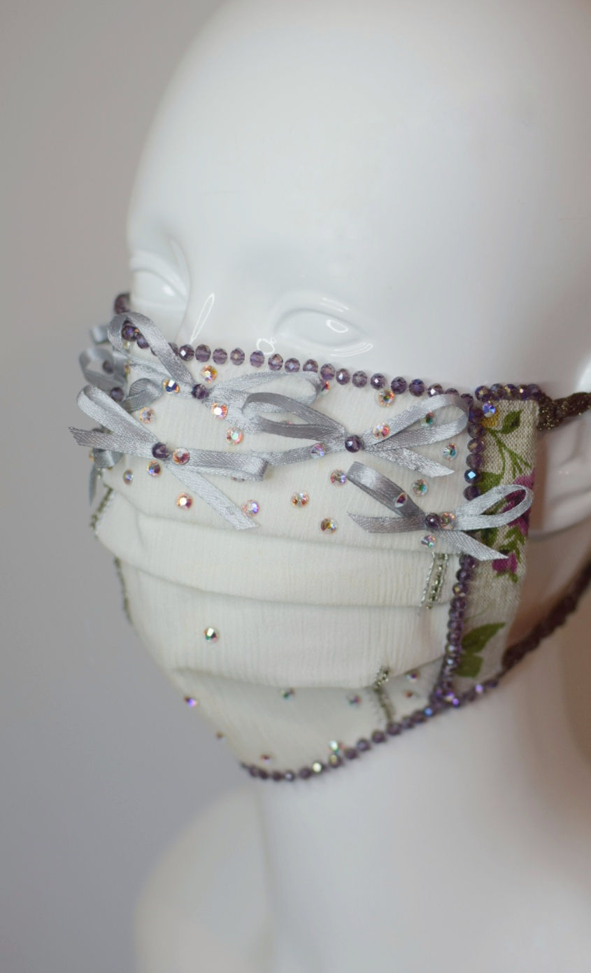Thumbnail: White silk chiffon & silver bows glam facemask 